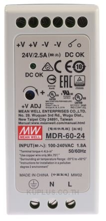 60W/2.5A DIN-Rail 24V VDC power supply with universal 85 to 264 VAC input: -20~70â„ƒ